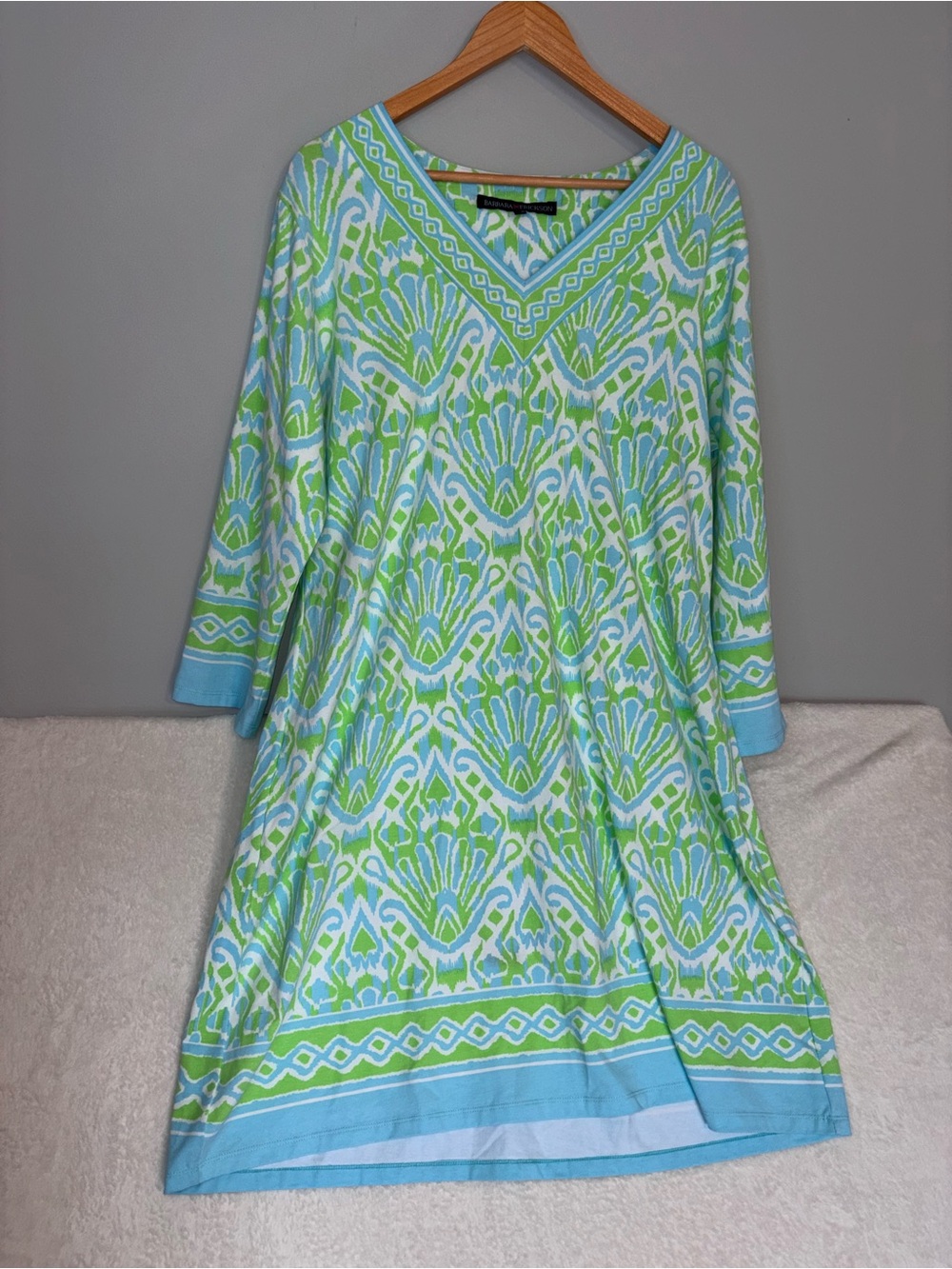 Vibrant Green & Light Blue Coastal Patterned V-Neck Tunic Office Dress Size XXXL